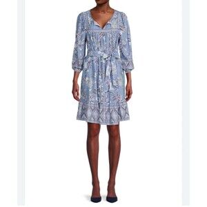 BeachLunchLounge Tiered Shift Dress Tie Waist Blue Floral 3/4 Sleeve L *no Tie*
